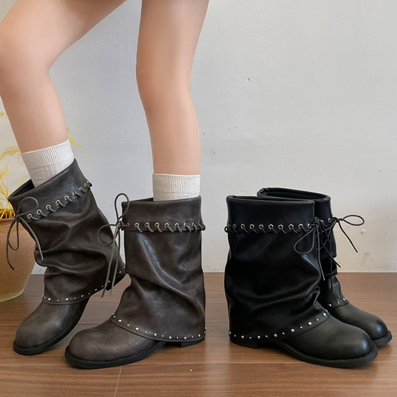 Leatherwork Rivets - Women Slouchy Mid Calf Boots Round