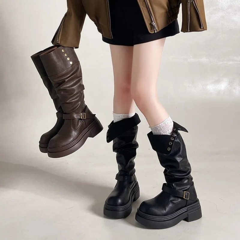 2026 Punk Knee-High Boots Wome - Leatherwork Rivets recension och pris