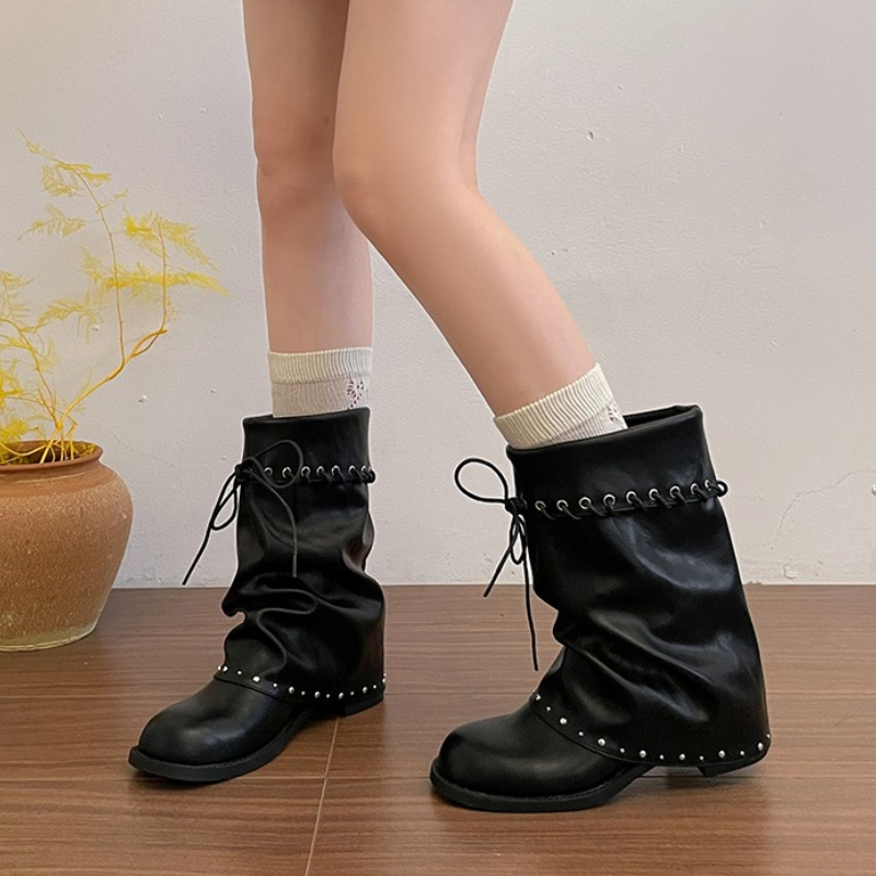 Women Slouchy Mid Calf Boots R - Leatherwork Rivets recension och pris